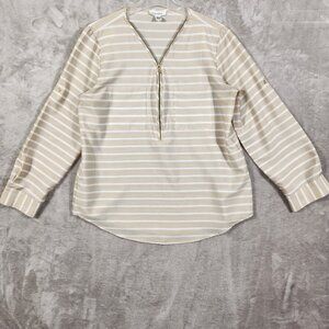 Calvin Klein Oversized Shirt Striped Beige Half Zip Women's Size‎ M